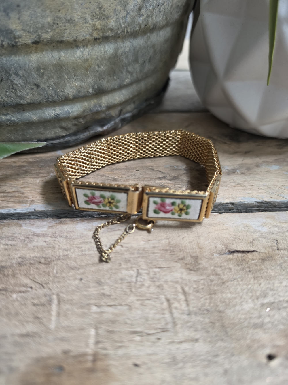 Vintage Guilloche Enamel Floral Mesh Bracelet Gold Tone Hand Painted Roses - Picture 2 of 8